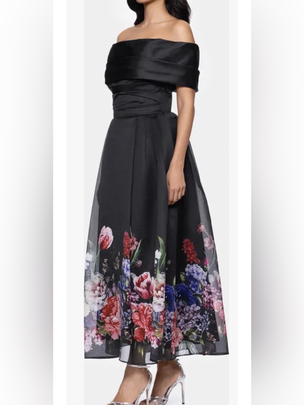 New Betsy & Adam Placed Floral Off the Shoulder Gown In Black/Red Size 4 $279 - Picture 3 of 10